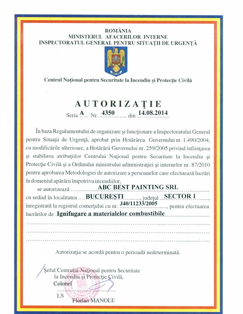 Autorizatie Ignifugare a materialelor combustibile