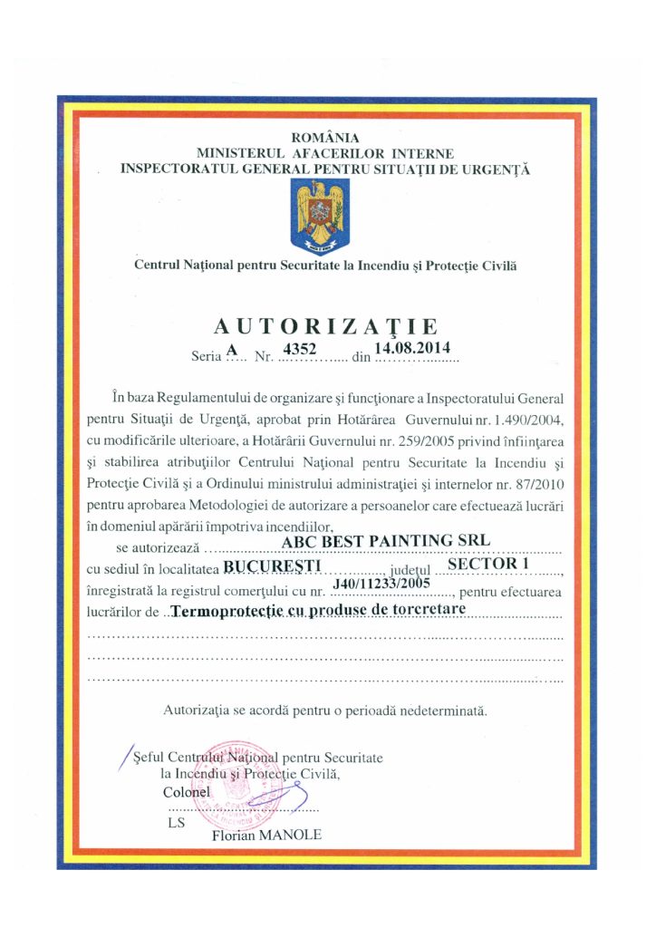 Autorizatie Termoprotectie cu produse de torcretare 20.08.14
