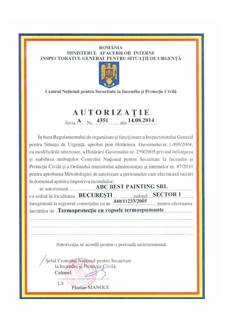 Autorizatie Termoprotectie cu vopsele termospumante 20.08.14