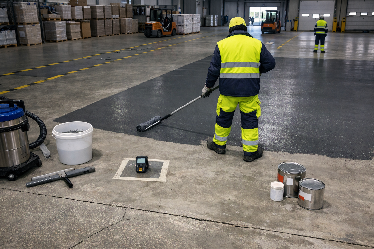 Tehnician aplică primer pe beton pregătit într-un depozit industrial, ilustrând pardoseli epoxidice hale industriale.
