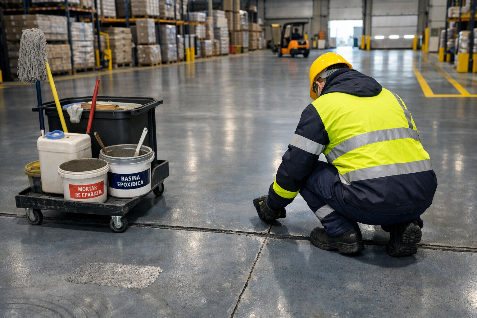 Tehnician inspectează pardoseli epoxidice hale industriale într-un depozit cu stivuitoare, paleți și echipamente de întreținere.