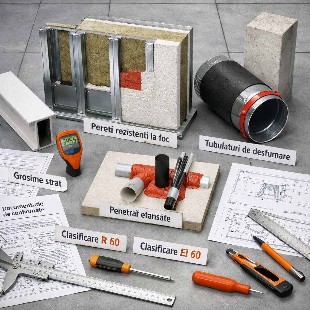 Masă tehnică cu materiale rezistente la foc, mostre de pereți, tubulaturi, grinzi, planșe și documentație „Clasificare EI 60”.